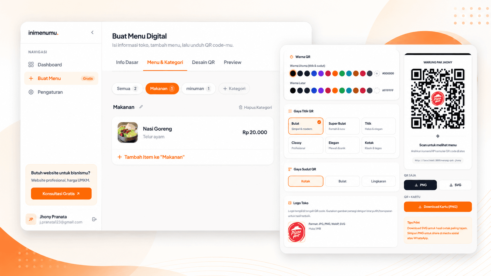 Tampilan dashboard inimenumu di desktop