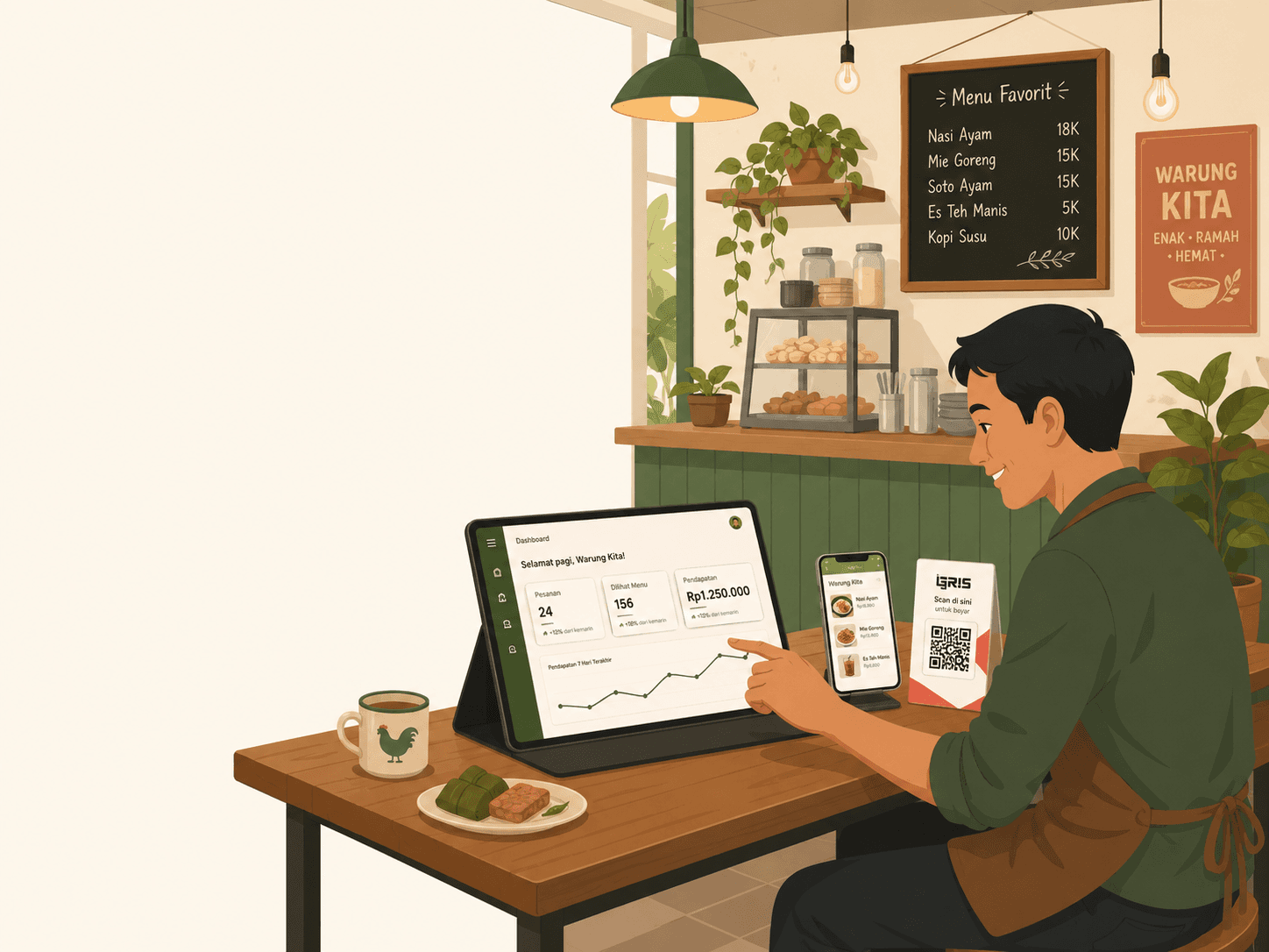 Ilustrasi pemilik warung mengelola menu digital